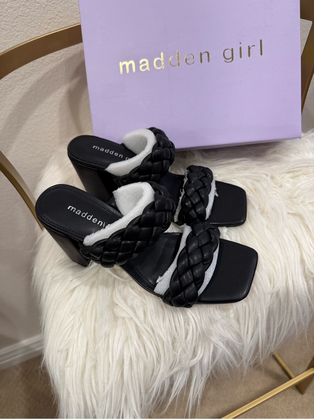 Madden Girl Black Braided Strap Block Heel Mules